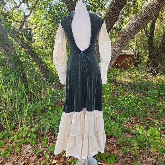 VTG GUNNE SAX PRAIRIE VELVET LONG SLEEVE LACE BOHO HIPPY DRESS GREEN IVORY 5 - Picture 9 of 16